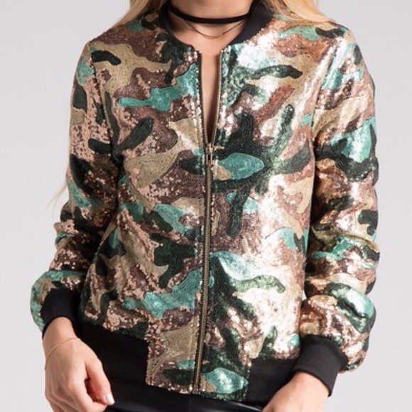 Beautiful Sequin Army Bomber Jacket NWOT Large - Picture 2 of 3